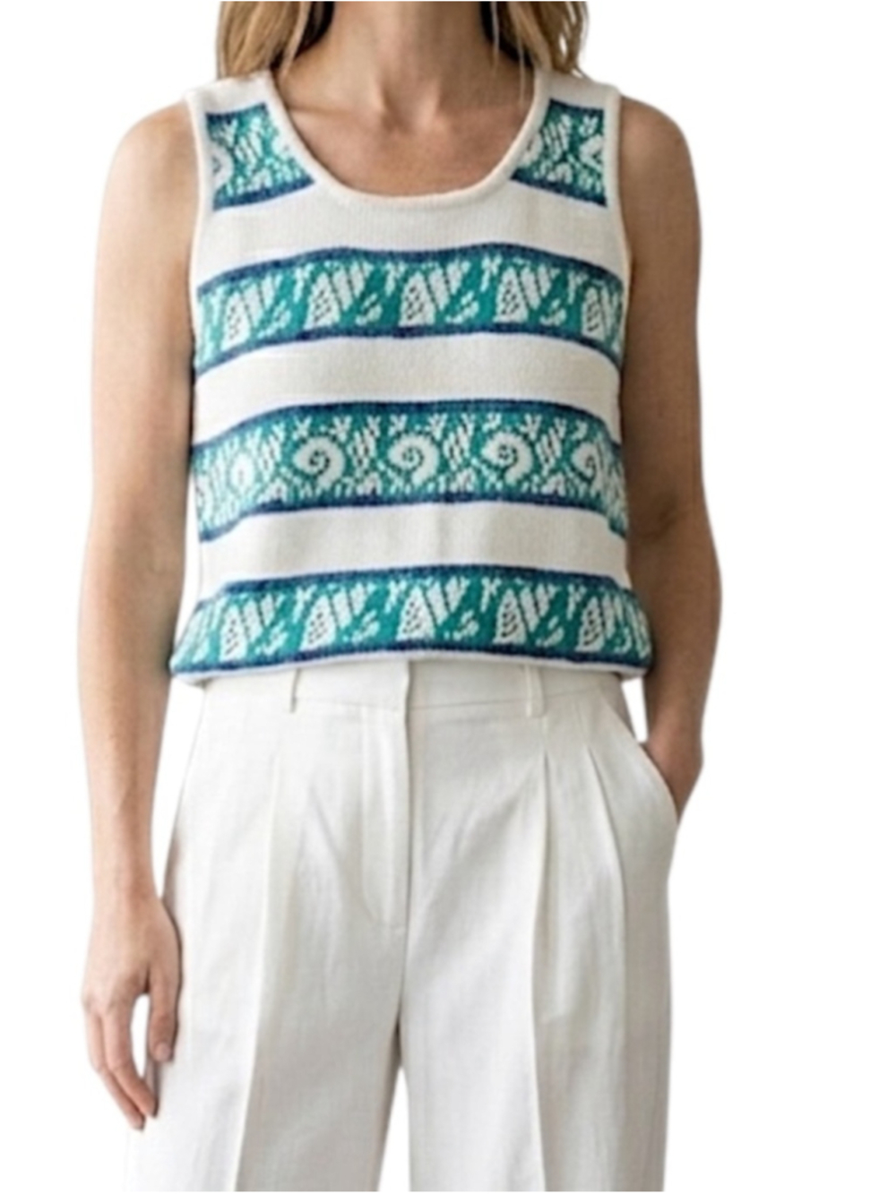 Vintage 90s white pure cotton sleeveless nautical knit summer sweater top M